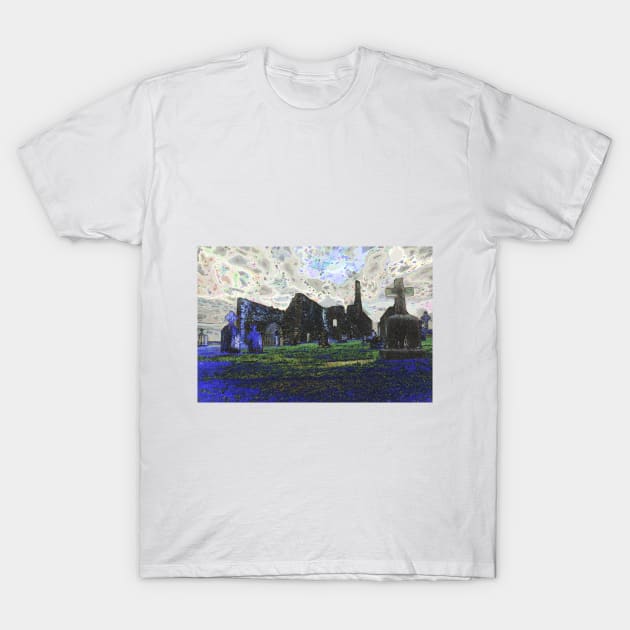 Clonmacnoise Abbey ruins in County Offaly in Ireland T-Shirt by Offiinhoki